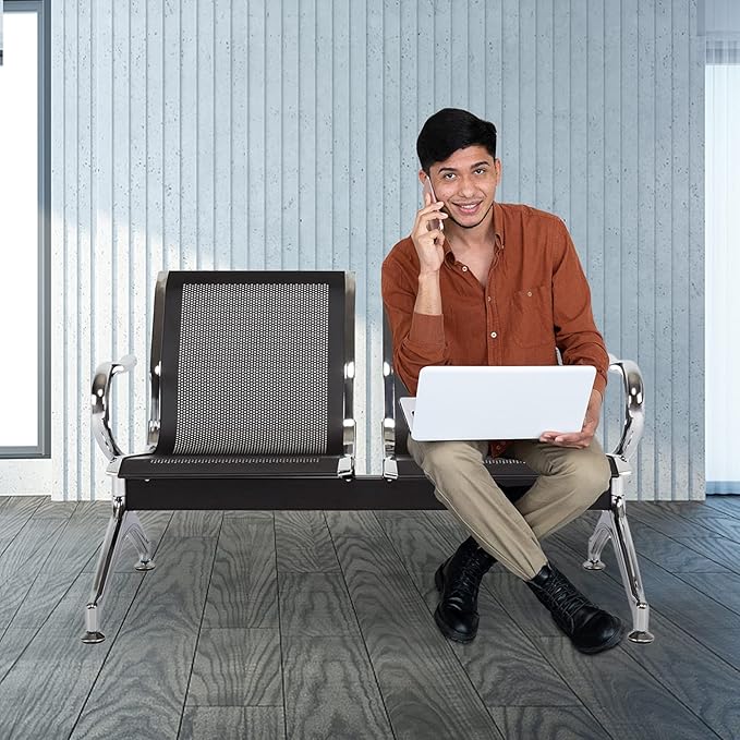 2-Seat Waiting Room Chairs - Waiting Room Bench with Arms Airport Reception Bench Guest Reception Chairs Lobby Bench Waiting Area for Airport Market Bank Hospital School Barbersho, Black