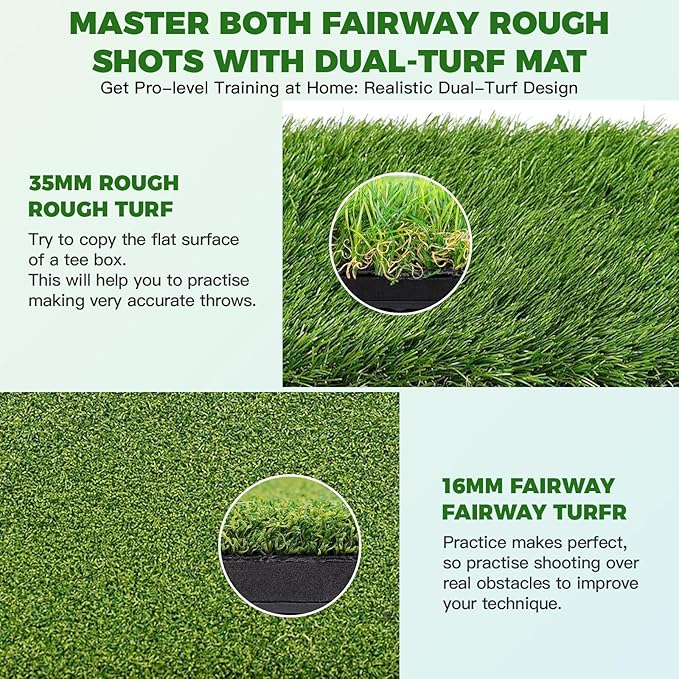 Premium Dual-Turf Golf Hitting Mat with 10mm EVA Foam & Rubber Backing, Non-Slip Anti-Deformation Heavy-Duty Design for Realistic Indoor/Outdoor Swing and Chipping Practice, Ideal Gift for Golfers