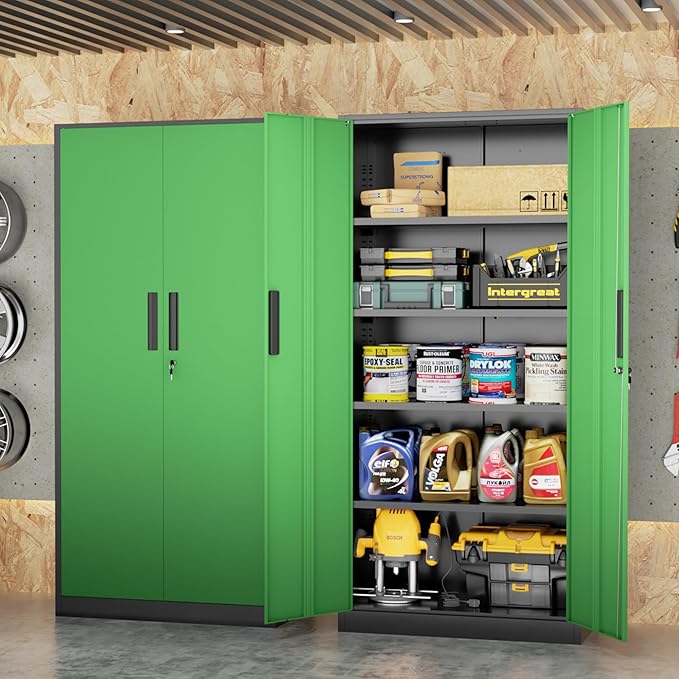 INTERGREAT Metal Storage Cabinet with Doors, 72" Locking Steel Storage Cabinet with Shelves, Tall Metal Cabinet Lockable Steel Cabinets for Home Office, Garage,(Black+Green)