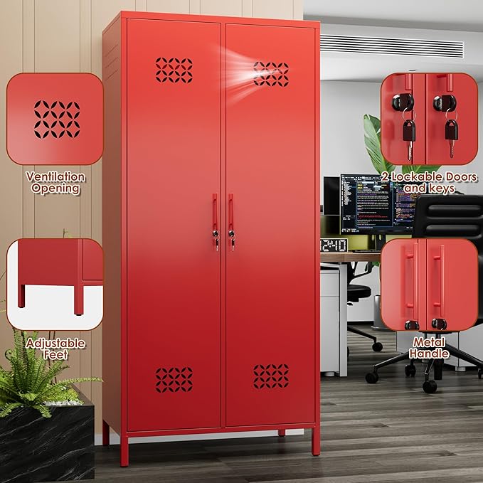 METAN 2 Door Metal Storage Lockers for Employees, Lockable Steel Storage Lockers with Hanger and Adjustable Shelves,Assembly Required,Red