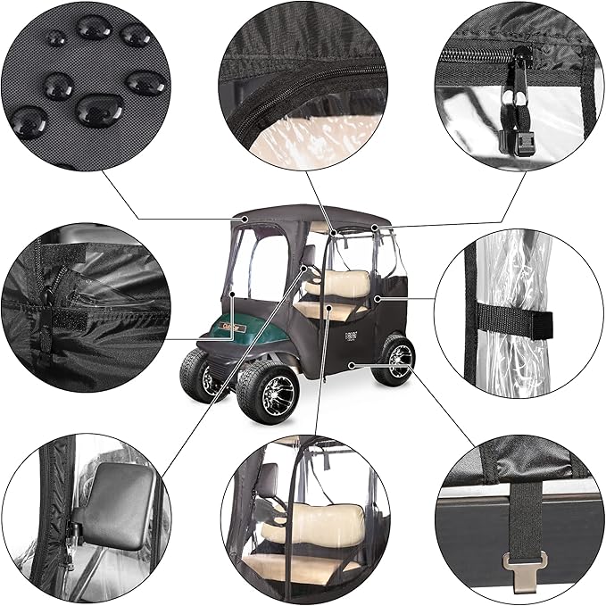 10L0L 600D Golf Cart 2 Passenger Driving Enclosure for Club Car DS & Precedent, 4-Sided Clear Window Rain Snow Golf Cart Cover All Weather Waterproof Windproof