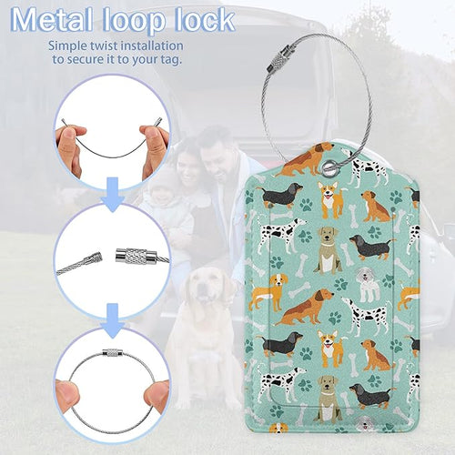2 Pack Luggage Tags,Leather Suitcase Tags with Privacy Cover Name Address Labels& Durable Steel Loop for Men/Women Travel Bag Suitcases(Cute Dog)