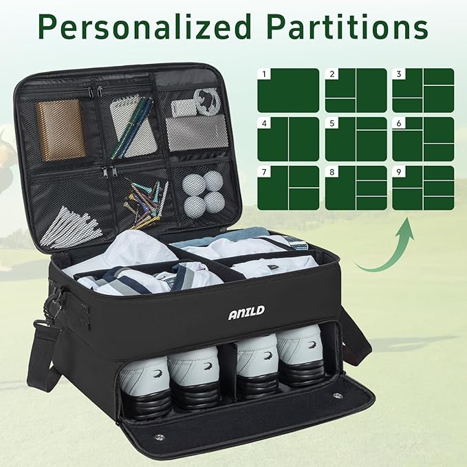 ANILD Golf Trunk Organizer, 2 Layer Golf Storage Case with Separate Ventilated Compartment for 2 Pair Shoes, for Balls, Tees, Clothes, Gloves, Accessories, Golfer Gifts