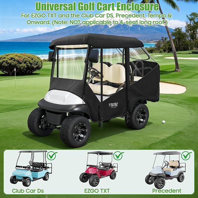 10L0L Golf Cart Enclosure 4 Passenger for EZGO TXT & Club Car Precedent DS Tempo Onward, 57" Short Roof Waterproof Windproof Rain Cover with Heavy-Duty 600D Fabric & Clear Windows Roll-up Door