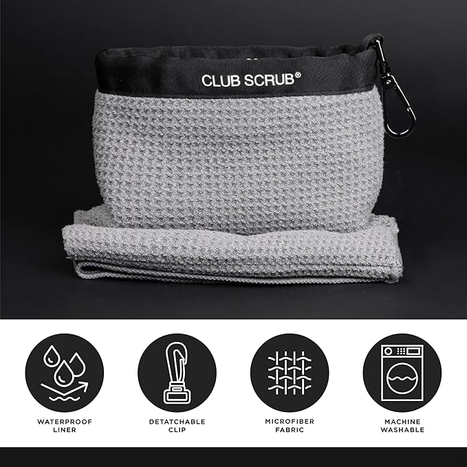 Club Scrub Towel Pro, Golf Club and Ball Cleaning Pouch with Attached Towel, Waterproof Exterior, Clean Face Technology Liner, Machine Washable, Cleans Club Grooves, Waffle-Weave Microfiber