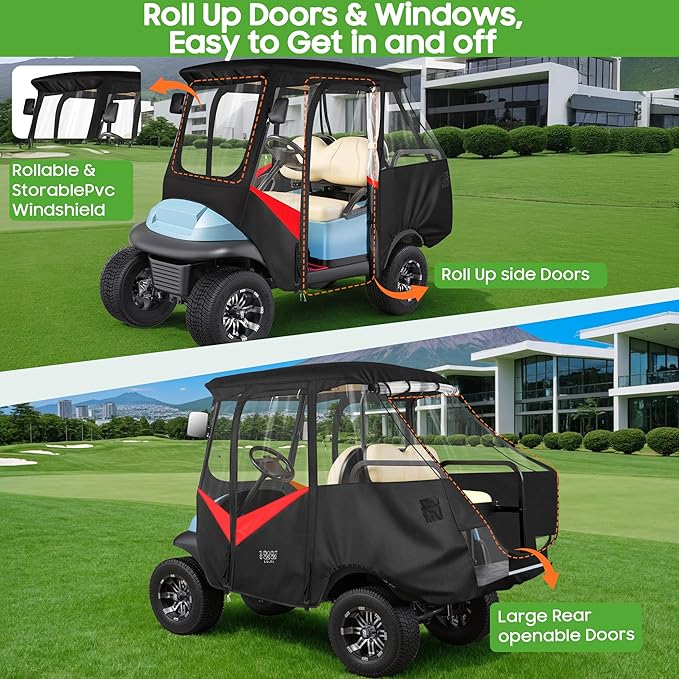 10L0L Golf Cart 4 Passenger Enclosure for Club Car Precedent Short Roof 57.5" Deluxe 600D Golf Cart Heavy Duty Rain Cover with 4 Zipped Doors Clear PVC Windows (Latest Improved Version)