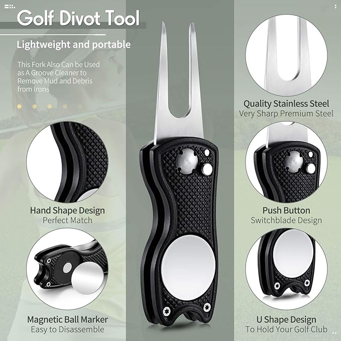 Skylety 4 Pcs Golf Divot Repair Tool Metal Foldable Golf Divot Tool with Magnetic Pop-up Button Ball Marker Stainless Steel Switchblade for Golfers Prizes