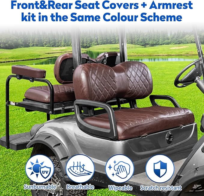 NOKINS Golf Cart Seat Covers for YAMAHA/G29/Drive2, Vinyl Front&Rear Seat Cover with Flip-Up Armrests kit, with Cup Holder, for 1" Square Tube (Brown&Brown 8438)