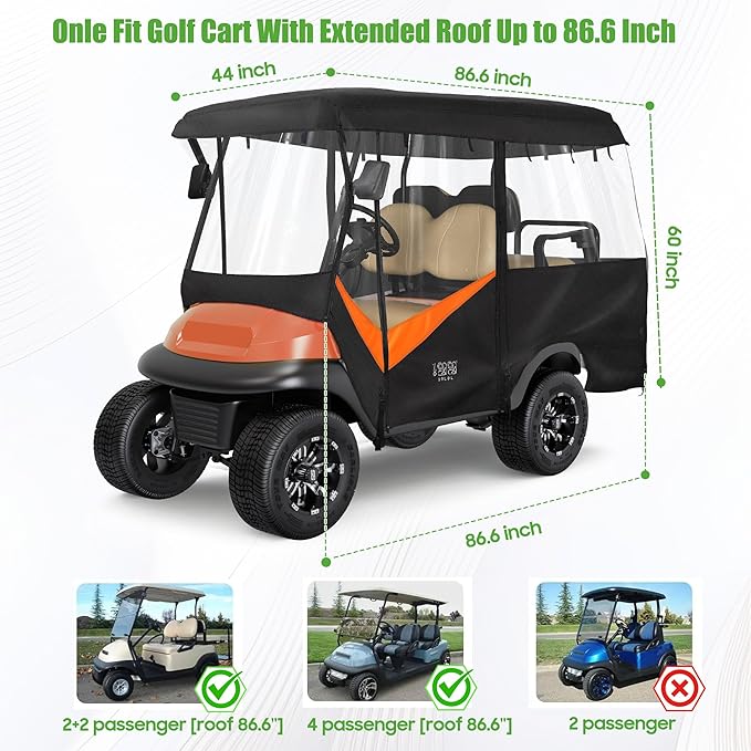 10L0L 4 Passenger Golf Cart Enclosure - 86" Roof Fit, Universal Golf Cart Cover for Yamaha Club Car EZGO,Waterproof 600D Rain Cover,Transparent Tail Light Panel,Foldable Door,4-Sided Clear Windows