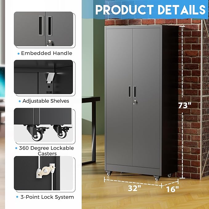 Greenvelly Metal Garage Storage Cabinet with 4 Swivel Wheels, 73” Black Storage Cabinet on Wheels, Rolling Tool Cabinet with Locking Doors and Shelves for Home, Basement, Kitchen Pantry, Warehouse