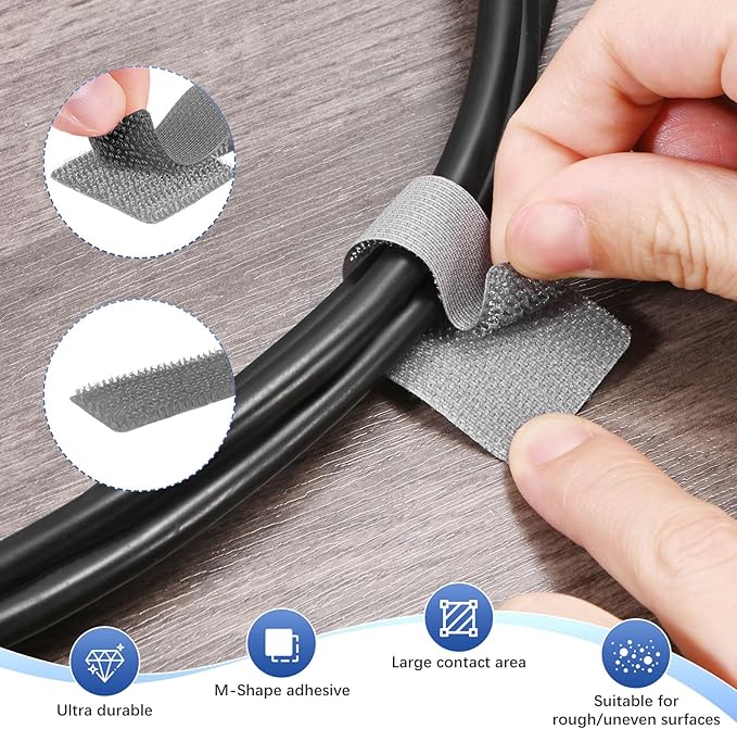 100-Pack Hook and Loop Cable Ties, 3.5 x 1.1 Inch Enhanced Self-Adhesive Cord Organizer for Desk/Home/Wall/Office Essentials, Cable Management Under Desk [Gray]