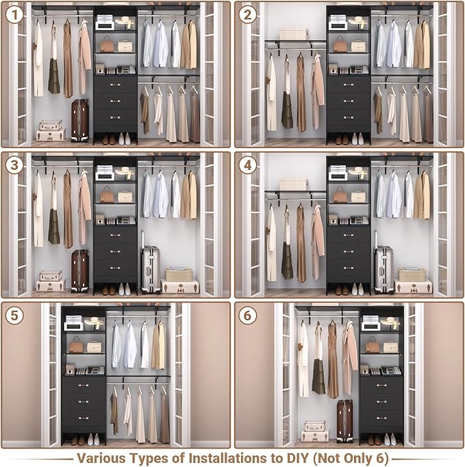 Closet System with Drawer - 8FT Wood Closet Organizer System with 3 Hanging Rods and Shelving Tower, 96" Walk In Closet Organizer Wardrobe, Heavy Duty Garment Rack Clothes Rack, Black
