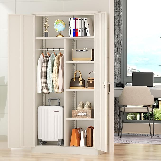 Greenvelly Metal Wardrobe Cabinet with Lock Door, 72" Metal Wardrobe Closet with Hanging Rods and Adjustable Shelves, Clothing Storage Closet Cabinet for Home, Office, Employee, Gym (Grey)