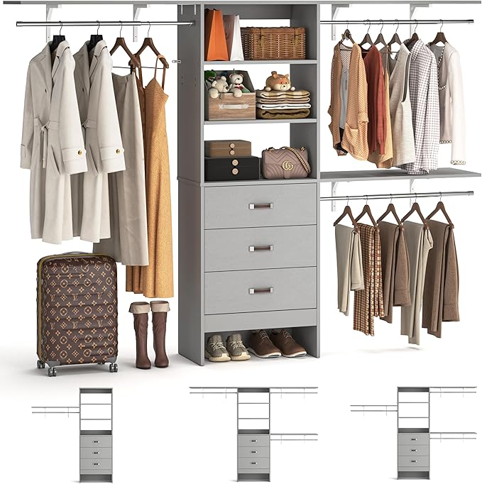 8FT Closet System, 96'' Closet Organizer System with 3 Hanging Rods, Wall Mount Bedroom Wardrobe with 3 Drawers Walk-in Closet, Adjustable Cloth Garment Rack from 5 to 8FT (Cut to Fit), Grey