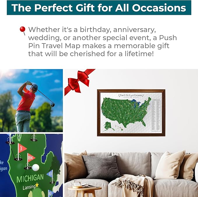 Push Pin Travel Maps Customizable Wall Art - Top Golf Courses USA Map - Brown Frame - Framed Pin Map, Includes 150 Pins - Handcrafted in USA - 27.5" x 39.5"