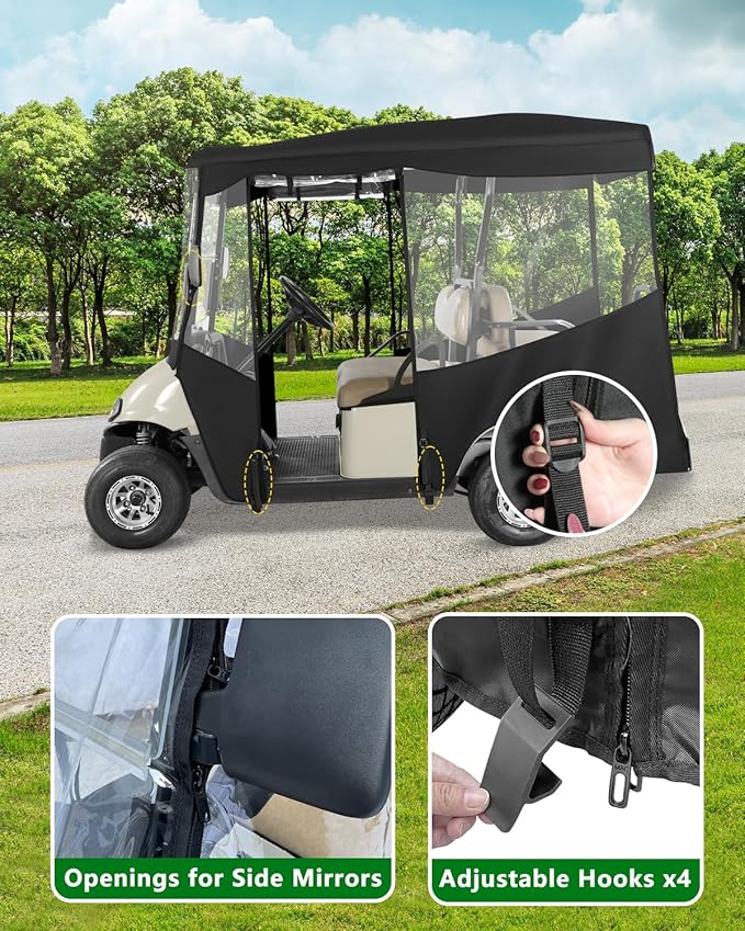 Golf Cart Enclosures 4 Passenger 80“ Extended Roof for Ezgo RXV,600D Clear Rain Cover Driving Enclosure 4 Seater,Full Roll Up 4 Sided Transparent Windows&Door Heavy Duty Zipper,Side Mirrors Openings