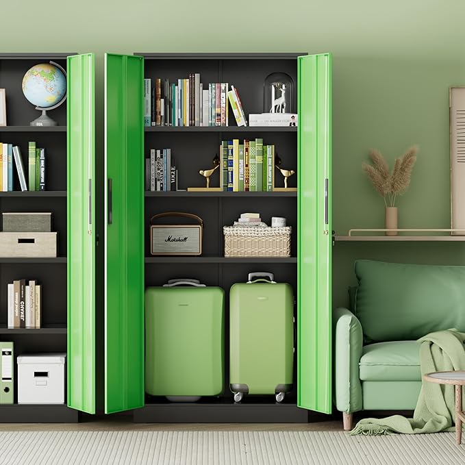INTERGREAT Metal Storage Cabinet with Lock, 63" H Metal Cabinets Storage with 2 Doors and 4 Adjustable Shelves, Locking Garage Cabinet for Home Office, Kitchen, Bathroom (Black Green)
