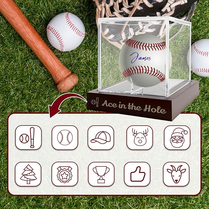 Personalized Engraved Baseball Display Case with Unique Pattern- Custom Wooden Individual Baseball Holder Box with UV Protected Clear Acrylic Cube, Wood Memorabilia Display Protecter for Collector Fan