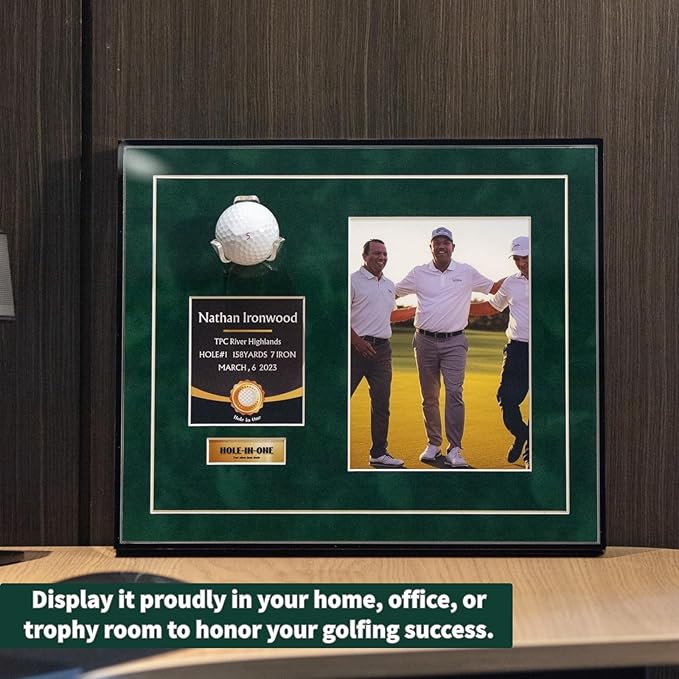 One-Shot Victory Golf Ball Display Frame – Acrylic Case with External Ball Mount, Custom Photo & Nameplate, Green Suede Mat, Elegant Golf Keepsake Gift