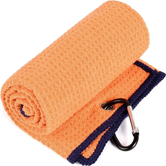 Golf Towels, Microfiber Waffle Pattern Tri-fold Golf Towel - Brush Tool Kit with Club Groove Cleaner, with Clip Men Women Golf Gifts (Orange Towel+Black Brush)