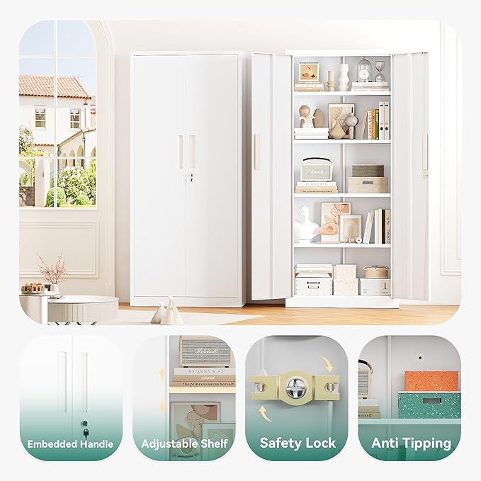 Greenvelly Metal Pantry Cabinet, 63”Tall White Kitchen Pantry Storage Cabinets with 2 Lock Doors and 4 Adjustable Shelves for Home Office, Dinning Room,Garage