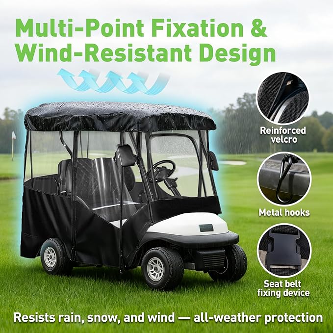 Golf Cart Enclosure 4 Passenger for 86-88" Roof, 600D Waterproof Driving Rain Cover, Replace for Yamaha/Club Car/EZGO, Roll-Up Door, 4-Sided Clear PVC Windows, Tail Light Visible
