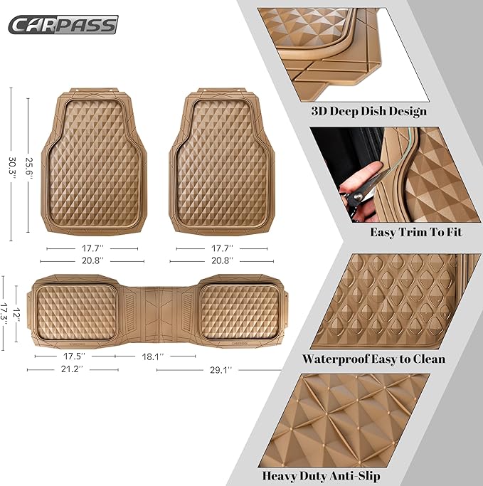 CAR PASS Heavy Duty Rubber Car Mats, Deep Dish All-Weather Floor Mat for Car Full Set Durable Anti-Slip 3D Rhombus Waterproof Trim to Fit Liner Universal Fit Automotive,Sedan,SUV,Truck, 3 Piece Beige