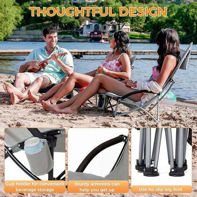 KingCamp Low Beach Chairs, Folding Portable Chair for Adults Lightweight Extra Wide Seat 300lbs Heavy Duty Oversized Backpack, Carry Bag for Camping