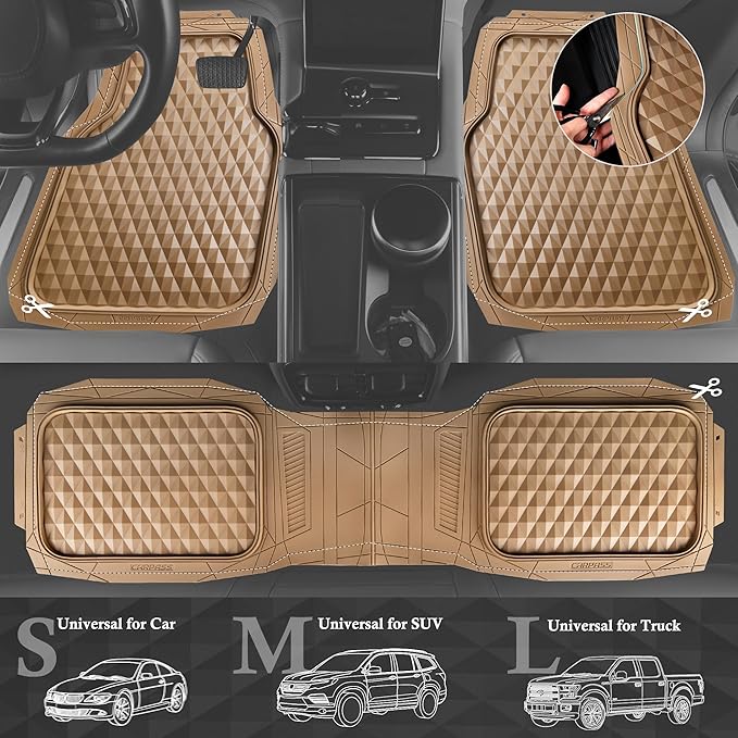 CAR PASS Heavy Duty Rubber Car Mats, Deep Dish All-Weather Floor Mat for Car Full Set Durable Anti-Slip 3D Rhombus Waterproof Trim to Fit Liner Universal Fit Automotive,Sedan,SUV,Truck, 3 Piece Beige
