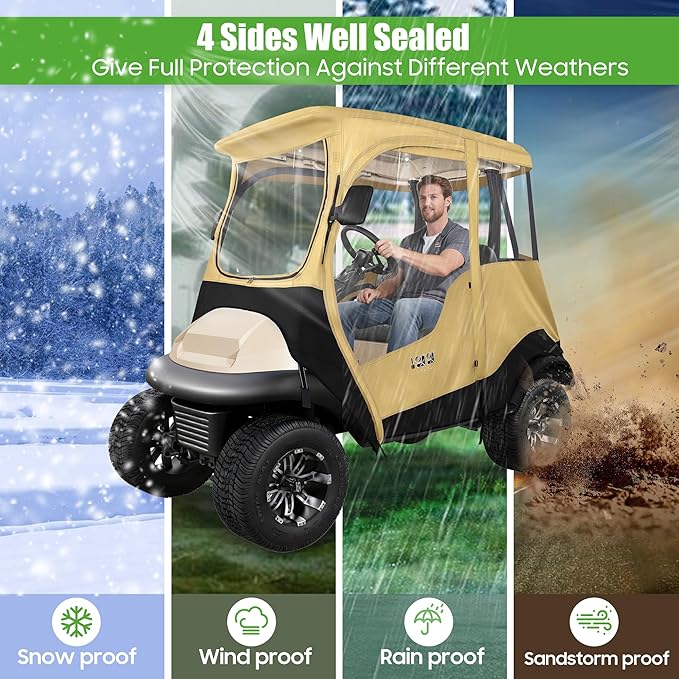 10L0L Golf Cart Driving Enclosure for 2 Passenger Club Car Precedent, Onward & Tempo, 600D Deluxe Heavy Duty Oxford Cloth Waterproof Windproof Golf Cart Rain Cover (Beige/Transparent)