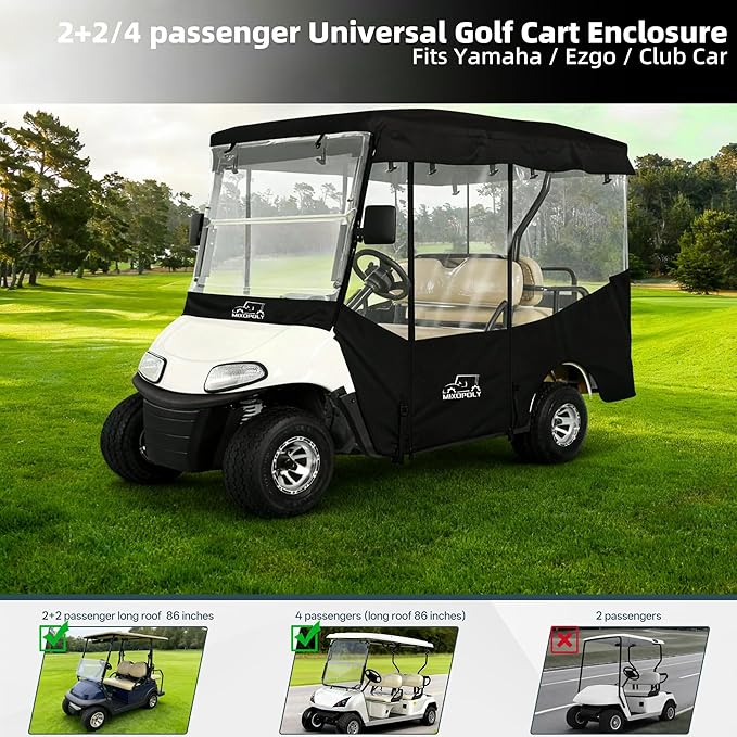 Golf Cart Enclosure Rain Cover 2&4Passenger, EZGO TXT RXV/Club Car Ds&Precedent and Yamaha, 600D Rain Cover Waterproof Windproof Snowproof and All-Weather Protection