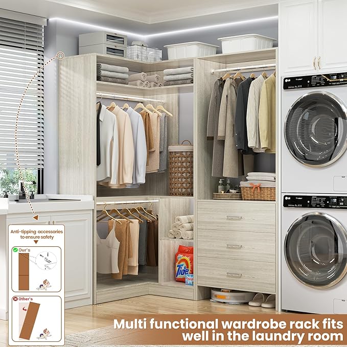 Aheaplus Closet System with 3 Drawers, 2 Hanging Rods & Corner Tower, Corner Closet System with Hanging, L-Shaped Walk-In Wardrobe Organizer, 1300+ lbs Capacity, Set of 2, White Oak