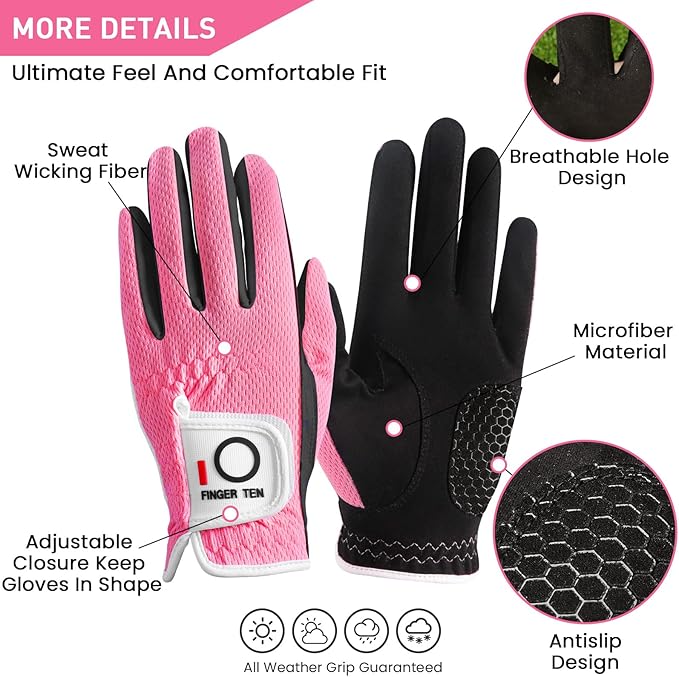 FINGER TEN Womens Golf Glove Right Handed Golfer Left Hand 1 Pack Golf Gloves Rain Grip Hot Wet All Weather Mesh for Women Girls Ladies Small Medium Large