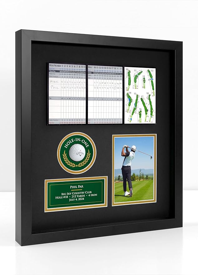 Hole-in-One Golf Display Case Frame, 3 or 4 Components for Ball, Scorecard, Photo & Printed Graphic Info Insert (Legend, 4 Components)