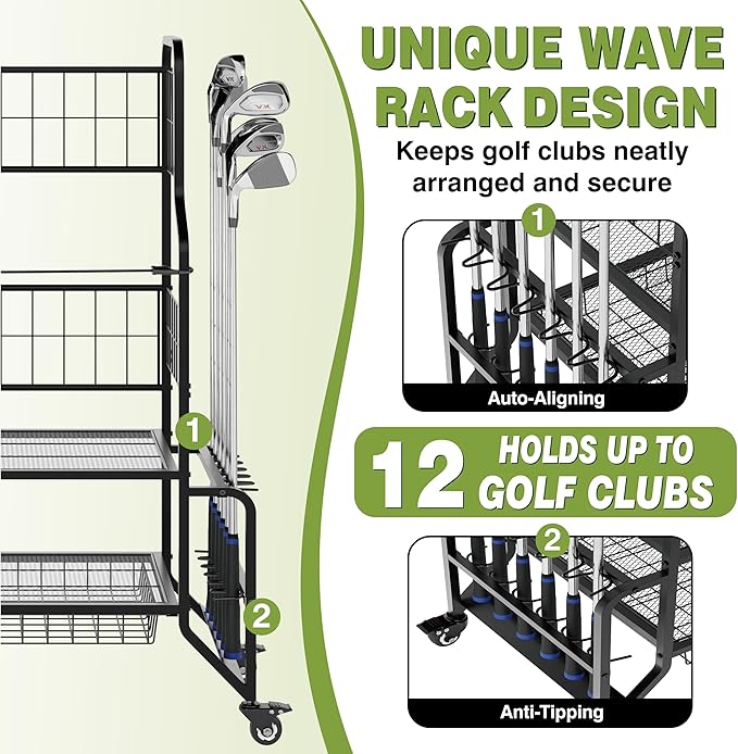 2 Golf Bag Storage Organizer Stand for Garage Heavy Duty Metal Golf Bags Storage Rack with Wheels Wave Club Holder 2 Drawers & Shoe Rack for Home Basement Shed