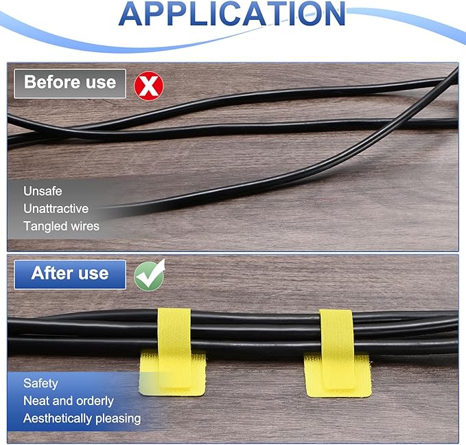 100-Pack Hook and Loop Cable Ties, 3.5 x 1.1 Inch Enhanced Self-Adhesive Cord Organizer for Desk/Home/Wall/Office Essentials, Cable Management Under Desk [Yellow]
