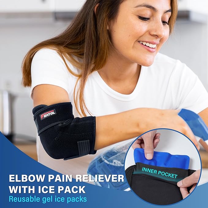 FEATOL Elbow Brace with Ice Pack for Tendonitis and Tennis Elbow-Pain Relief for Cubital Tunnel, Ulnar Nerve Entrapment, Bursitis-Reusable Ice Pack Brace for Men and Women, Small