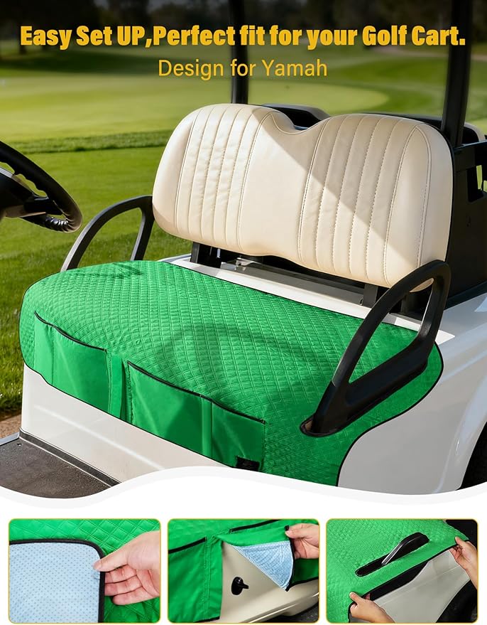 Golf Cart Seat Covers,Golf Cart Seat Towel Blanket with 4 Front Pockets & Nonskid Bottom Fits for Yamaha Driver 1&2 and More 2 Person Seats Golf Carts (Christmas Green, Yamaha)