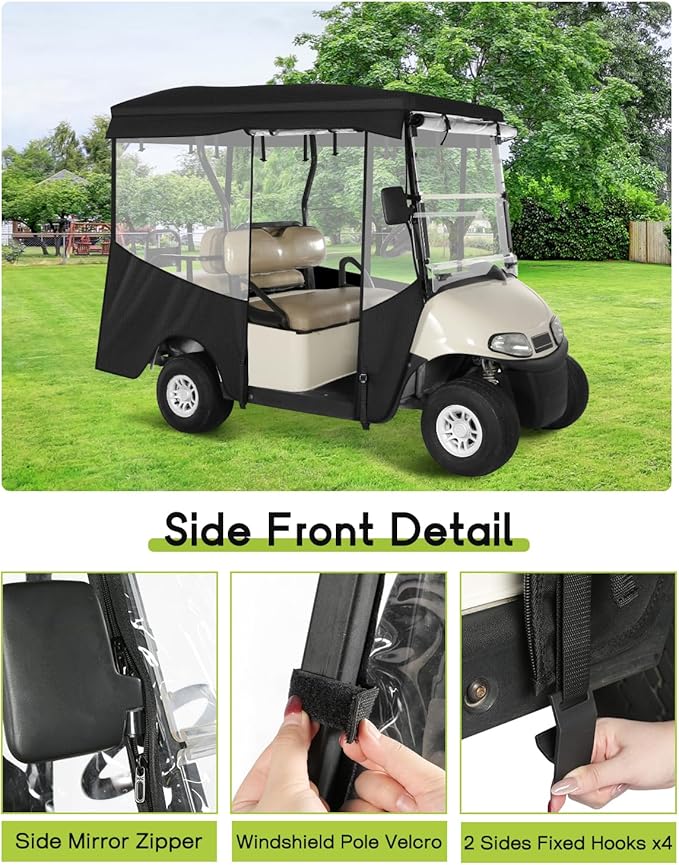 Golf Cart Enclosure 4 Passenger for EZGO RXV 2+2 600D Waterproof Windproof Driving Rain Cover Fit 4-Seater 80" Extended Roof 4-Sided Clear Windows Roll-up Door Black