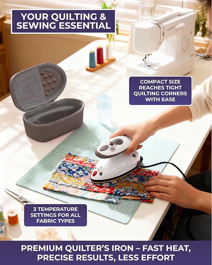 The Quilted Bear Mini Iron, Rest & Ironing Mat - Lightweight Mini Steam Iron with Hard Shell Travel Case, Rest & Ironing Mat - Travel Essentials for Wrinkle Free Clothes & Effortless Quilting (Black)
