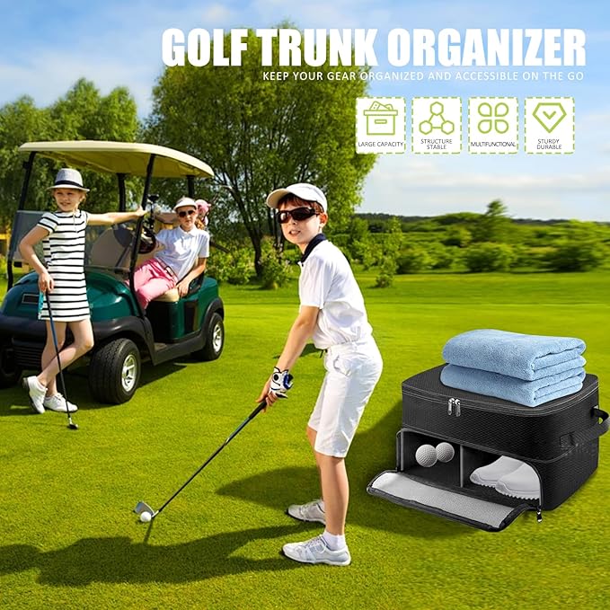 Golf Trunk Organizer, 2 Layer Golf Storage Bag, Waterproof Car Golfer Organizers with Ventilation Compartment for 2 Pairs Shoes, Balls, Clothes, Tees, Gloves, Accessories, Gifts for Men Women