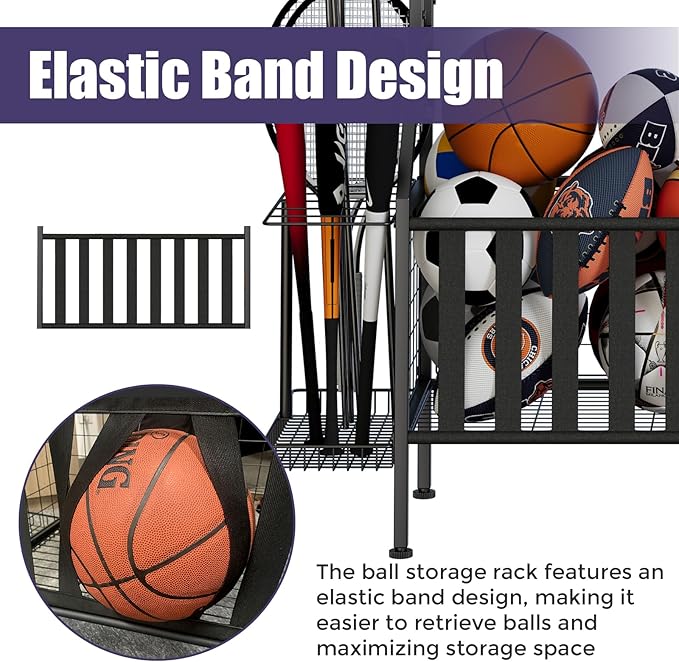 Sports Equipment Organizer, Heavy Duty Golf Bags Stand, Extra Large Ball Storage Rack for Garage, Sports Gear Storage with Basket and Hooks, Black