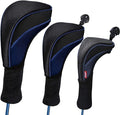 Black Golf Club Head Cover for Driver Fairway 3 Pcs Woods Headcovers, Golf Accessories Hybrid Head Covers Set with Interchangeable Tags 3 4 5 7 X