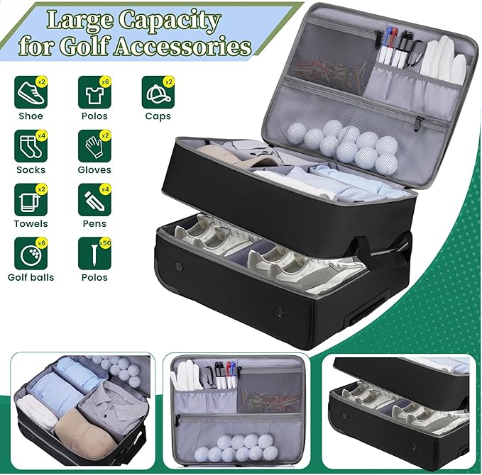 Golf Trunk Organizer with Wheels, 2 Layer Waterproof Golf Organizer for Car, Separate Ventilated Compartment for 2 Pair Shoes, Storage for Clothes & Accessories, Golf Gifts for Men & Accessory ﻿
