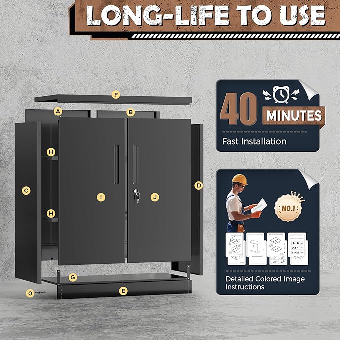 INTERGREAT Steel Storage Cabinet with Lock, Lockable Metal Storage Cabinets with 2 Adjustable Shelves, Black Counter Height Garage Cabinet