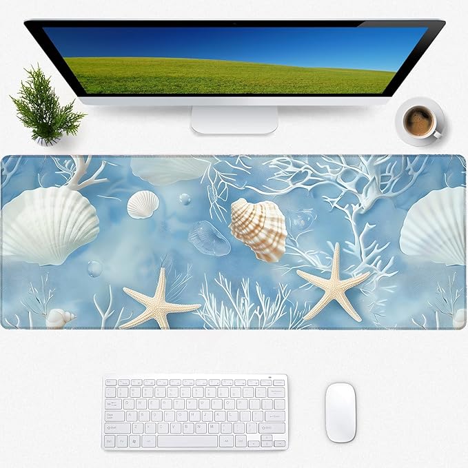 Starfish Coral Ocean Gaming Mouse Pad, Desk Mat, Non-Slip Rubber Base Cool Aesthetic MousePads for Computer Laptop Keyboard Office School Home Desktop Accessories Decor 31.5" x 11.8"