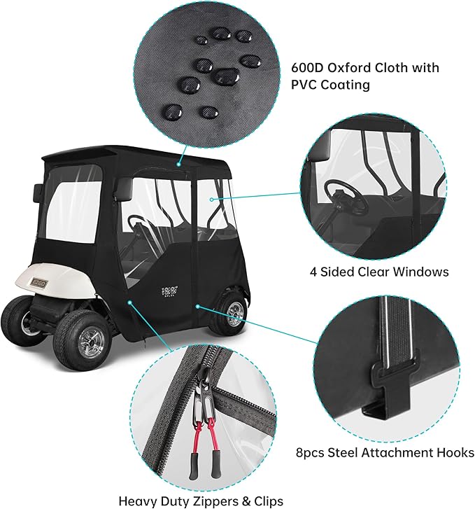 10L0L 2/4 Passenger Golf Cart Driving Enclosure for EZGO TXT/RXV Model, 4-Sided Clear Window 600D Rain Cover All Weather Windproof Waterproof - Black/Beige
