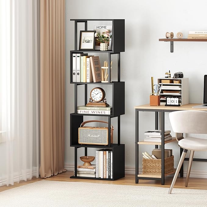 Yusong Bookshelf 5-Tier, Geometric Bookcase S Shaped Book Shelves for Bedroom, Modern Wood Decorative Display Shelf Corner for Home Office, Black