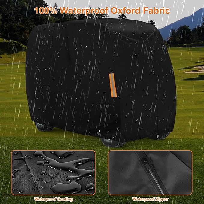 Golf Cart Cover 2 Passenger, 420D Heavy Duty Golf Cart Rain Cover with Waterproof Zipper and Reflective Strips, Universal Fits for 2 Seat Yamaha EZGO Honda Club Car