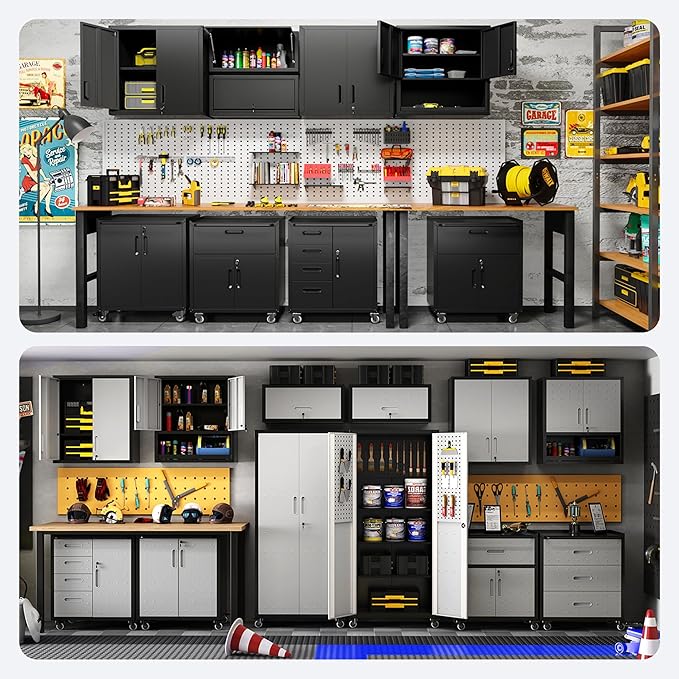 Metal Tool Cabinet,Garage Storage Cabinet System,Wall Cabinet & Locking Rolling Tool Cabinet with Doors and Adjustable Shelves,Steel Tool Cabinets for Home (10 Pcs-StyleA, Black)